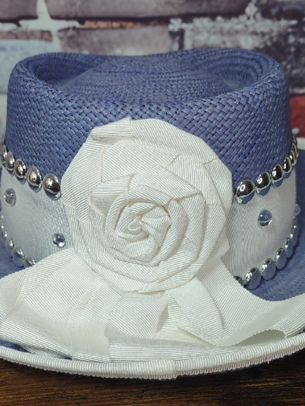 Blue Straw Boater Hat with White Studded Band - Picture 7 of 7